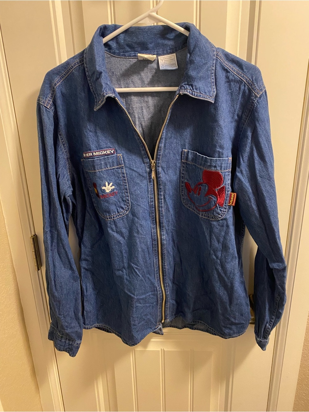 Vintage Disney Catalog L Denim Shirt Mickey Mouse Zip Front 100 Cotton Top Large